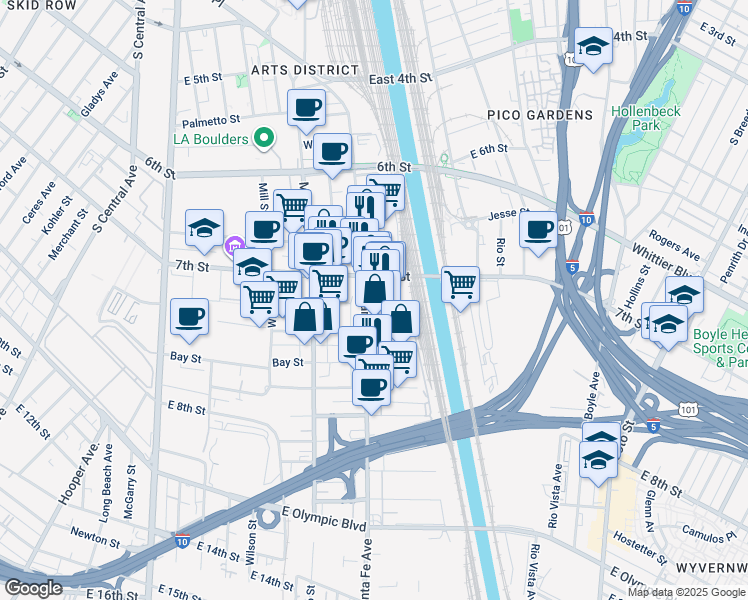 map of restaurants, bars, coffee shops, grocery stores, and more near 800 South Santa Fe Avenue in Los Angeles