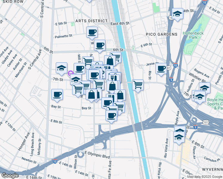 map of restaurants, bars, coffee shops, grocery stores, and more near 726 South Santa Fe Avenue in Los Angeles