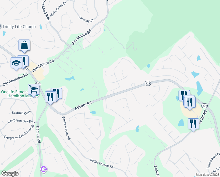 map of restaurants, bars, coffee shops, grocery stores, and more near 956 Chippewa Oak Drive Northeast in Dacula