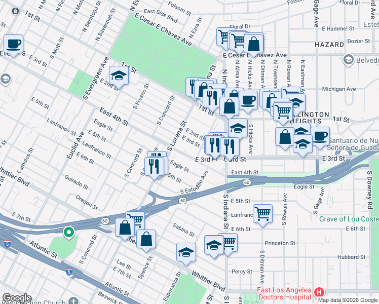 map of restaurants, bars, coffee shops, grocery stores, and more near 3445 East 4th Street in Los Angeles
