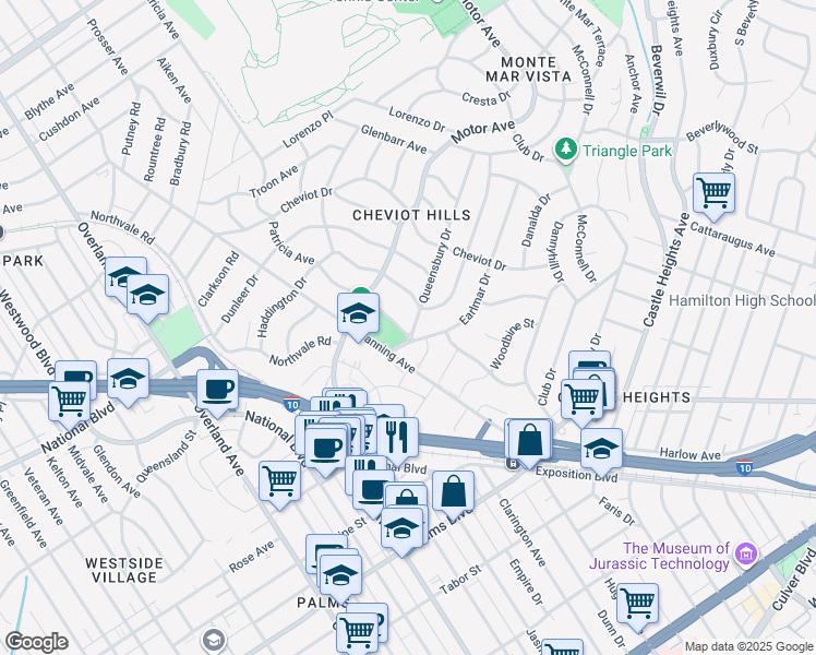 map of restaurants, bars, coffee shops, grocery stores, and more near 3165 Queensbury Drive in Los Angeles