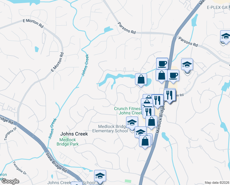 map of restaurants, bars, coffee shops, grocery stores, and more near 5655 Lake Manor Trace in Alpharetta