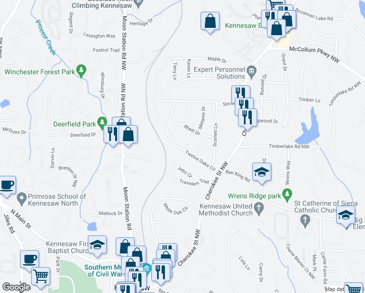 map of restaurants, bars, coffee shops, grocery stores, and more near 2024 Twelve Oaks Circle in Kennesaw