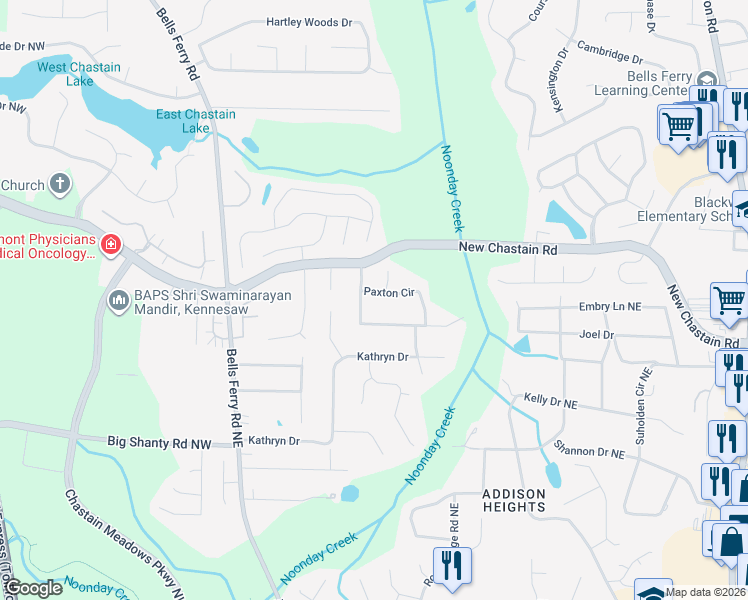 map of restaurants, bars, coffee shops, grocery stores, and more near 201 Sumter Drive Northeast in Marietta