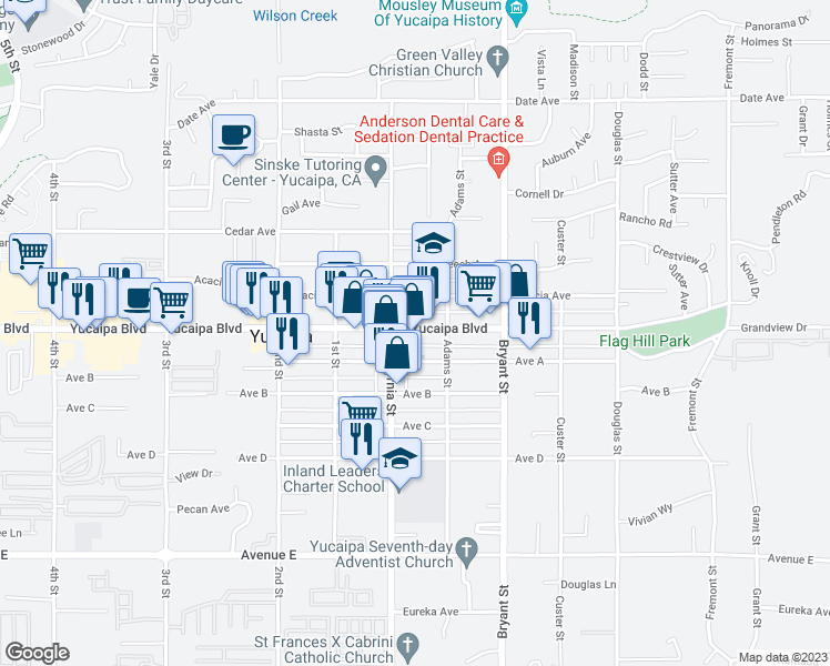 map of restaurants, bars, coffee shops, grocery stores, and more near 35145 Yucaipa Boulevard in Yucaipa