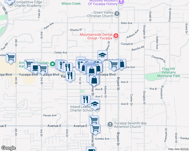 map of restaurants, bars, coffee shops, grocery stores, and more near 35115 Yucaipa Boulevard in Yucaipa