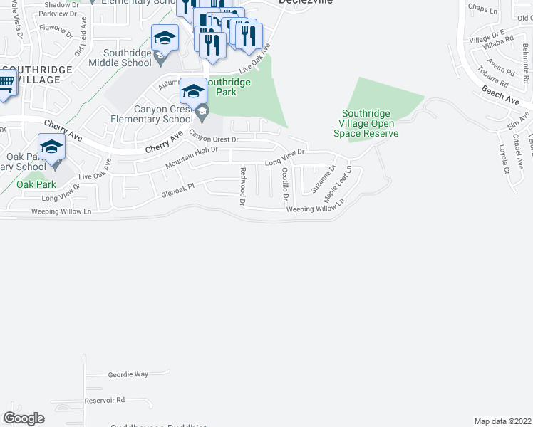map of restaurants, bars, coffee shops, grocery stores, and more near 14769 Weeping Willow Lane in Fontana