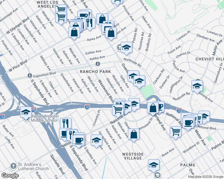 map of restaurants, bars, coffee shops, grocery stores, and more near 2821 Glendon Avenue in Los Angeles