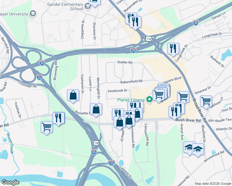 map of restaurants, bars, coffee shops, grocery stores, and more near 528 Innsbrook Drive in Columbia