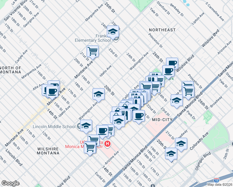 map of restaurants, bars, coffee shops, grocery stores, and more near 1041 20th Street in Santa Monica