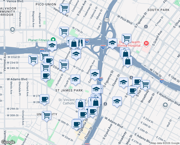 map of restaurants, bars, coffee shops, grocery stores, and more near 1978 Bonsallo Avenue in Los Angeles