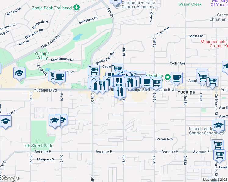 map of restaurants, bars, coffee shops, grocery stores, and more near 34447 Yucaipa Boulevard in Yucaipa