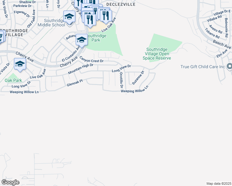 map of restaurants, bars, coffee shops, grocery stores, and more near 14781 Weeping Willow Lane in Fontana