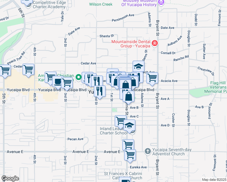 map of restaurants, bars, coffee shops, grocery stores, and more near 35009 Yucaipa Boulevard in Yucaipa