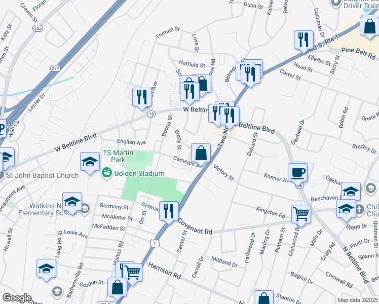 map of restaurants, bars, coffee shops, grocery stores, and more near 1641 Carnegie Street in Columbia