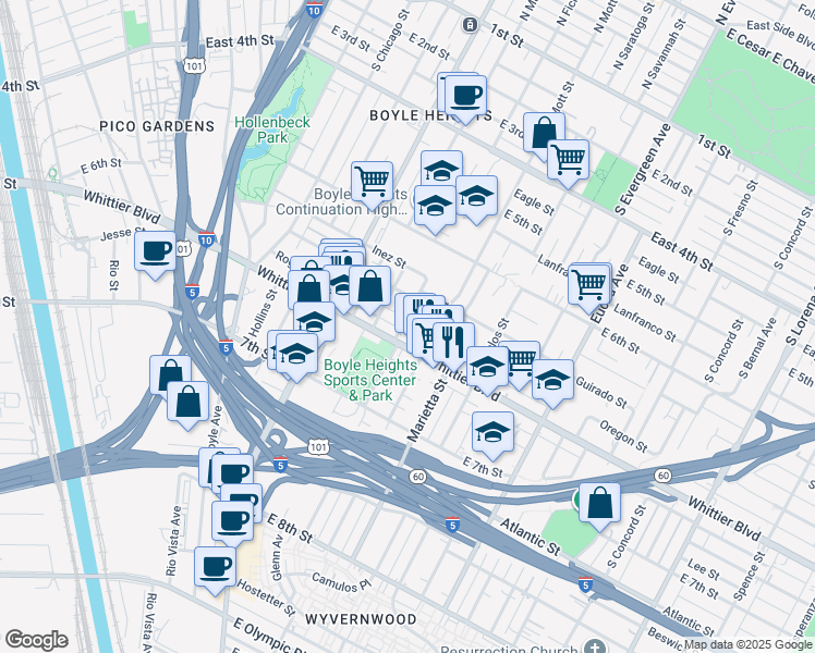 map of restaurants, bars, coffee shops, grocery stores, and more near 740 South Mott Street in Los Angeles