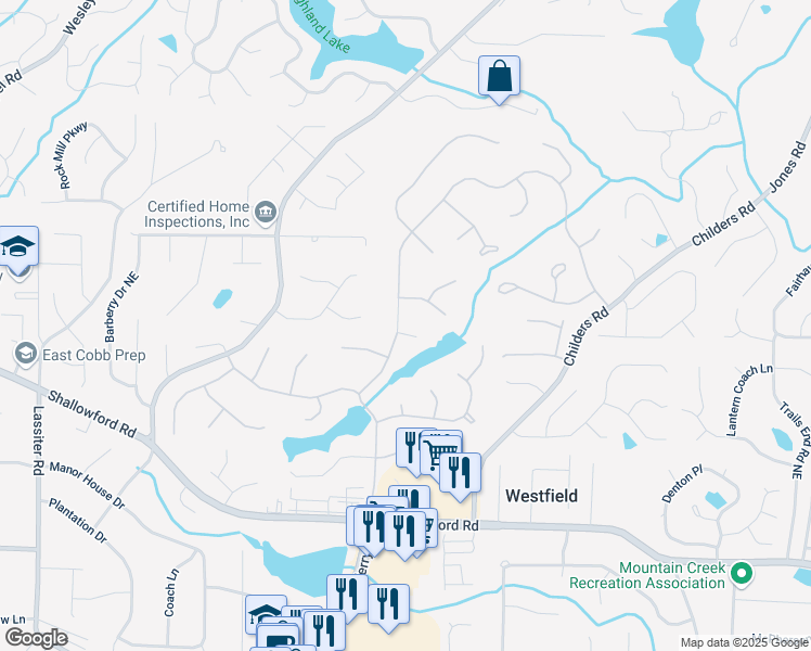 map of restaurants, bars, coffee shops, grocery stores, and more near 3402 Johnson Ferry Road Northeast in Roswell