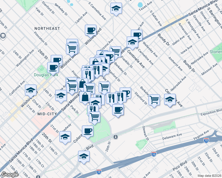 map of restaurants, bars, coffee shops, grocery stores, and more near 1518 Yale Street in Santa Monica