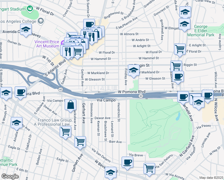 map of restaurants, bars, coffee shops, grocery stores, and more near 519 West Pomona Boulevard in Monterey Park