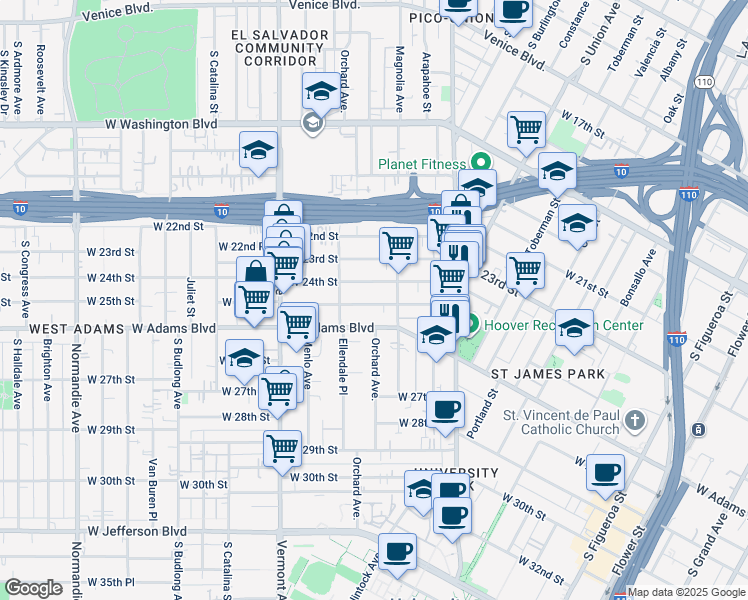map of restaurants, bars, coffee shops, grocery stores, and more near 1216 West 25th Street in Los Angeles