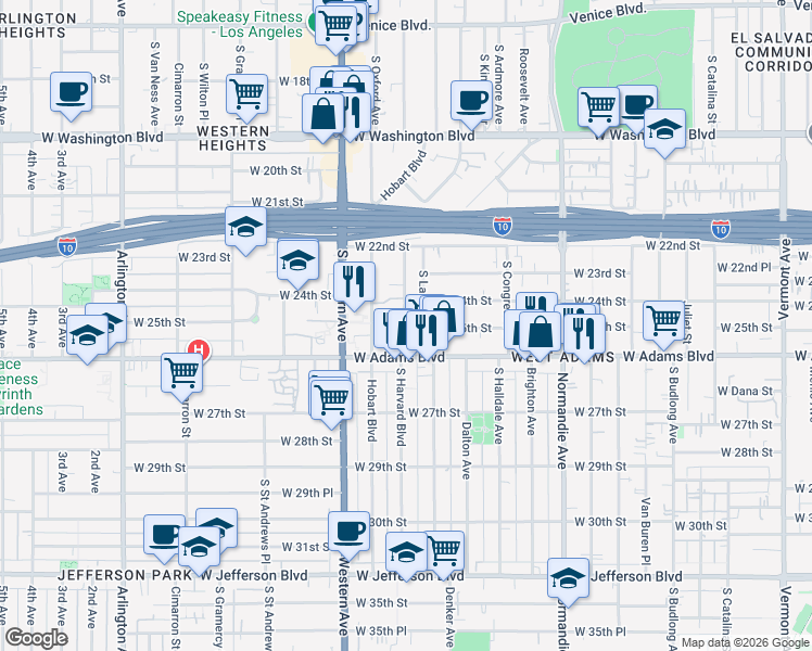 map of restaurants, bars, coffee shops, grocery stores, and more near 1920 West 25th Street in Los Angeles