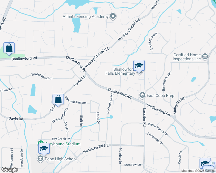 map of restaurants, bars, coffee shops, grocery stores, and more near 3711 Shallowford Road in Marietta