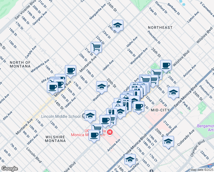map of restaurants, bars, coffee shops, grocery stores, and more near 1921 Washington Avenue in Santa Monica