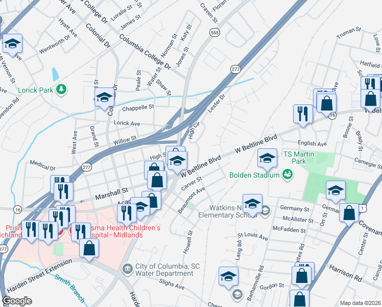 map of restaurants, bars, coffee shops, grocery stores, and more near 3528 White Street in Columbia