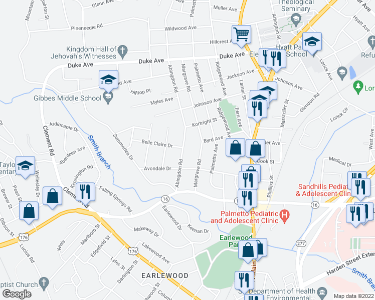 map of restaurants, bars, coffee shops, grocery stores, and more near 3422 Abingdon Road in Columbia