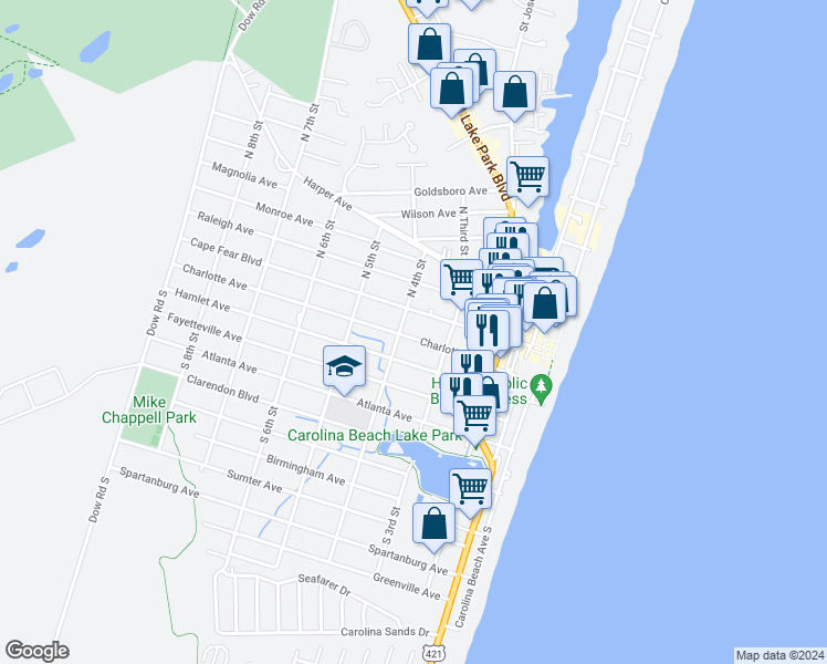 map of restaurants, bars, coffee shops, grocery stores, and more near 317 Charlotte Avenue in Carolina Beach
