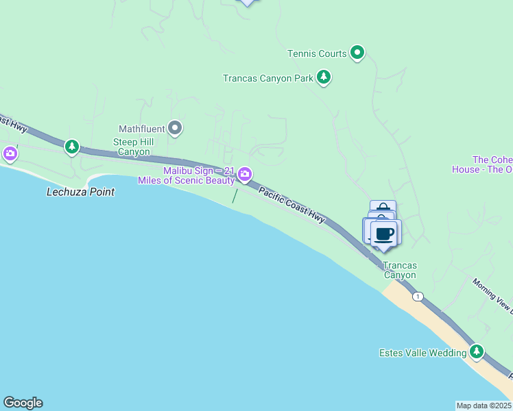 map of restaurants, bars, coffee shops, grocery stores, and more near 31100 Broad Beach Road in Malibu