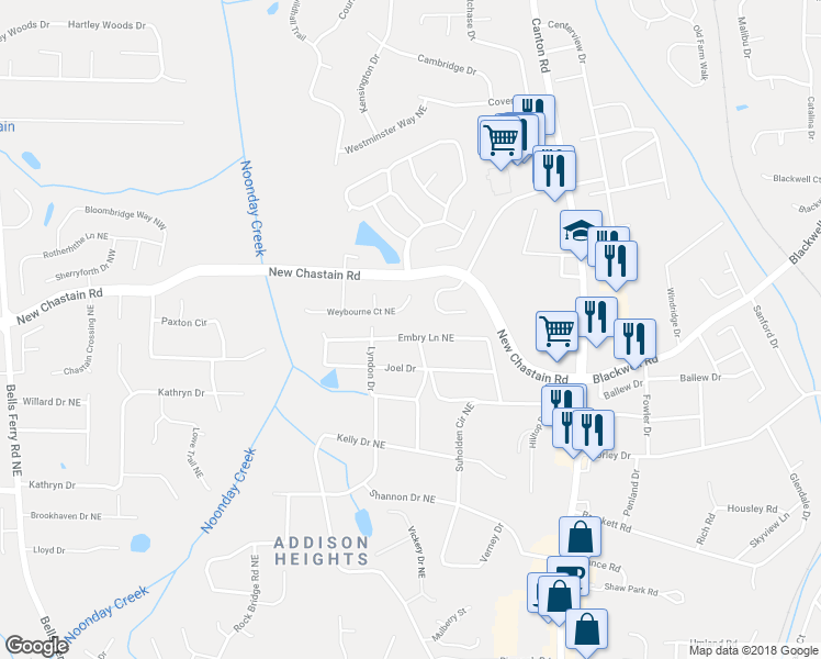 map of restaurants, bars, coffee shops, grocery stores, and more near 555 Embry Lane Northeast in Marietta