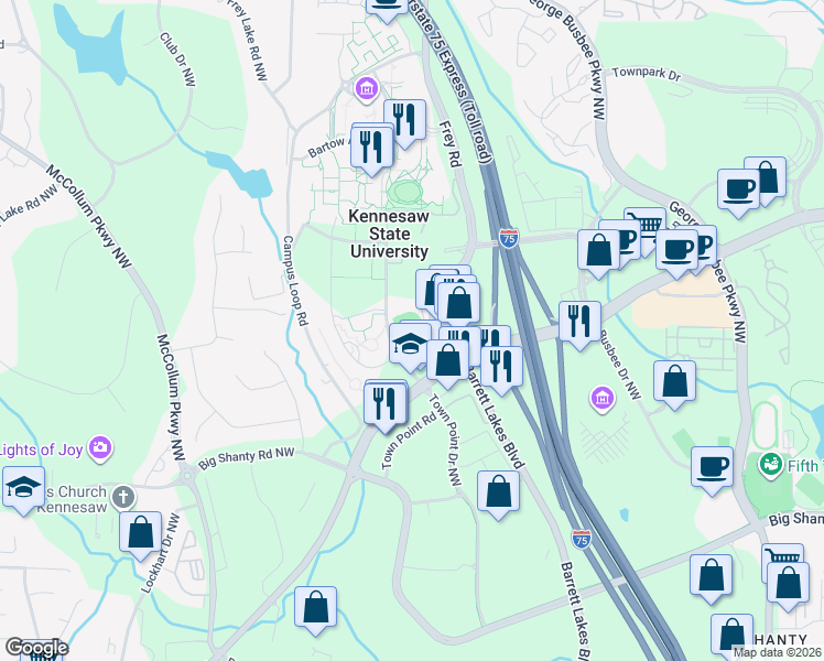 map of restaurants, bars, coffee shops, grocery stores, and more near 208 Kennesaw State University Road in Kennesaw