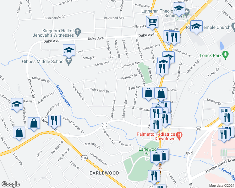 map of restaurants, bars, coffee shops, grocery stores, and more near 3422 Abingdon Road in Columbia