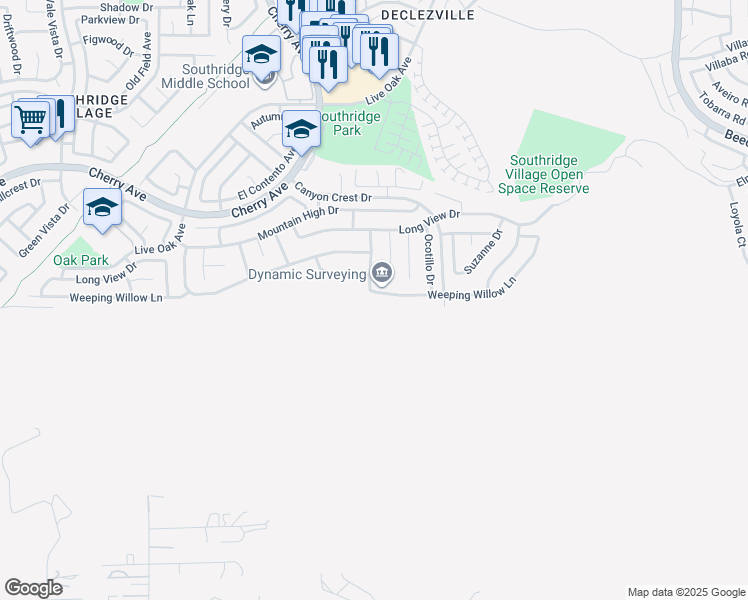 map of restaurants, bars, coffee shops, grocery stores, and more near 14707 Weeping Willow Lane in Fontana