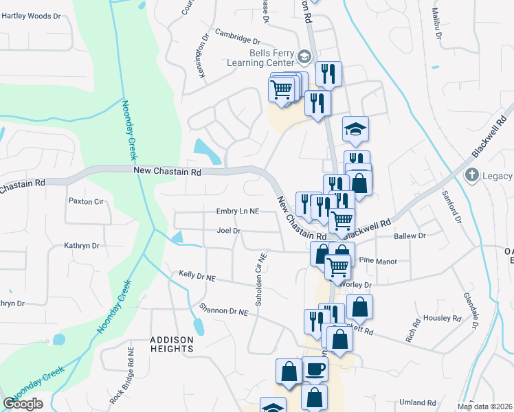 map of restaurants, bars, coffee shops, grocery stores, and more near 619 Embry Lane Northeast in Marietta