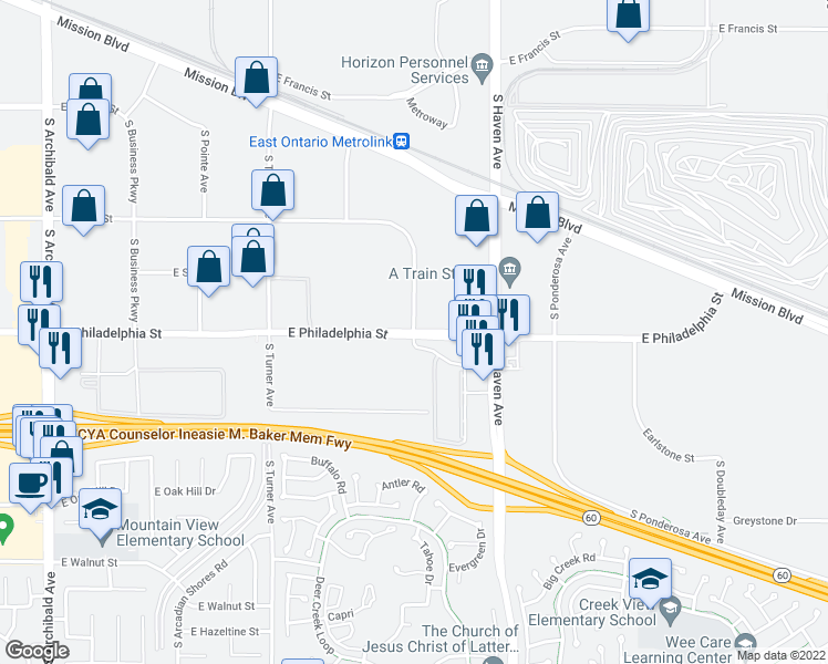 map of restaurants, bars, coffee shops, grocery stores, and more near 3211 East Philadelphia Street in Ontario