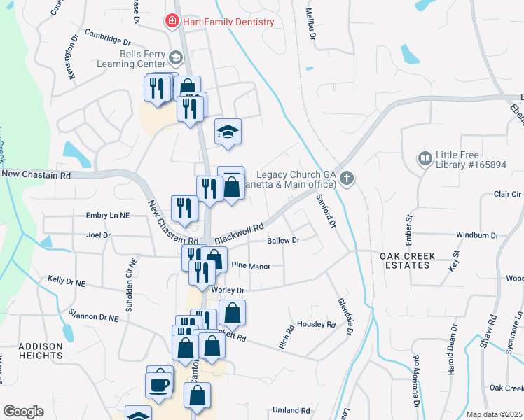 map of restaurants, bars, coffee shops, grocery stores, and more near 3401 Windridge Drive in Marietta