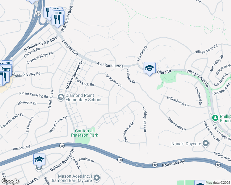map of restaurants, bars, coffee shops, grocery stores, and more near 1101 Hourglass Place in Diamond Bar