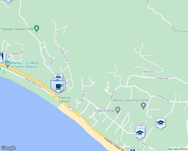 map of restaurants, bars, coffee shops, grocery stores, and more near 6277 Sea Star Drive in Malibu