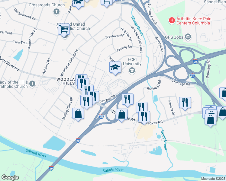 map of restaurants, bars, coffee shops, grocery stores, and more near 100 Executive Center Drive in Columbia