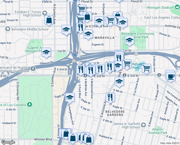 map of restaurants, bars, coffee shops, grocery stores, and more near 4605 East 3rd Street in Los Angeles