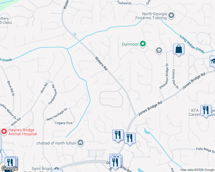 map of restaurants, bars, coffee shops, grocery stores, and more near 3625 Milton Park Dr in Alpharetta