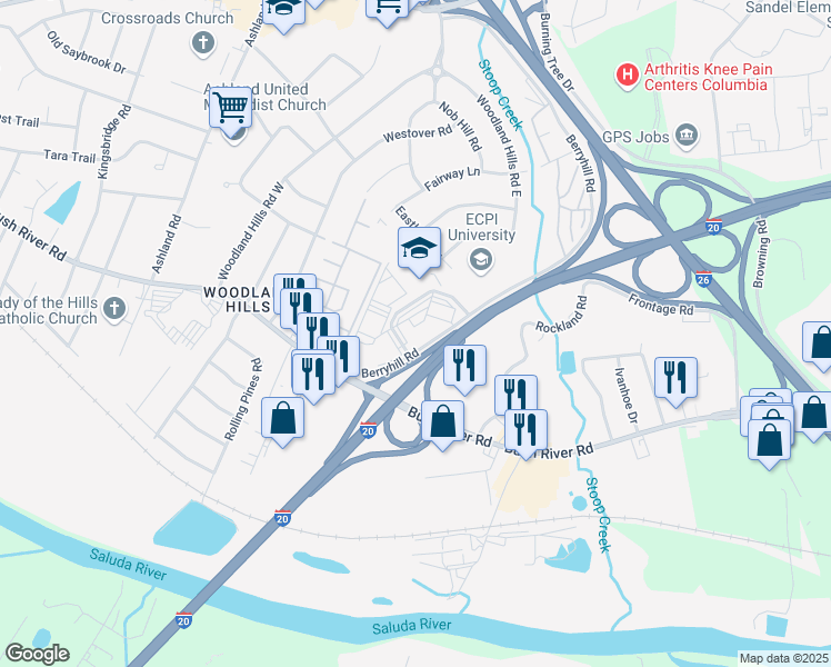 map of restaurants, bars, coffee shops, grocery stores, and more near 100 Executive Center Drive in Columbia