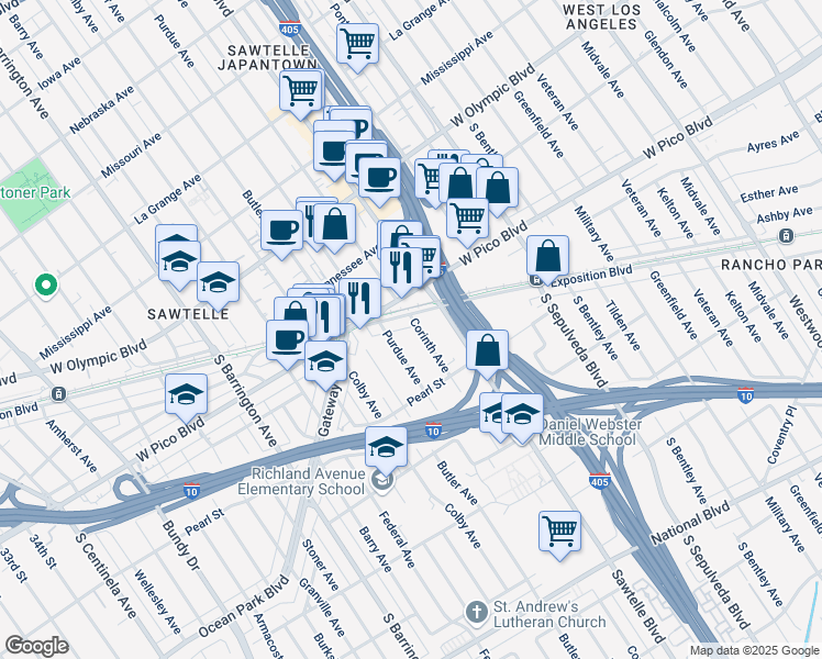 map of restaurants, bars, coffee shops, grocery stores, and more near 2456 Corinth Avenue in Los Angeles