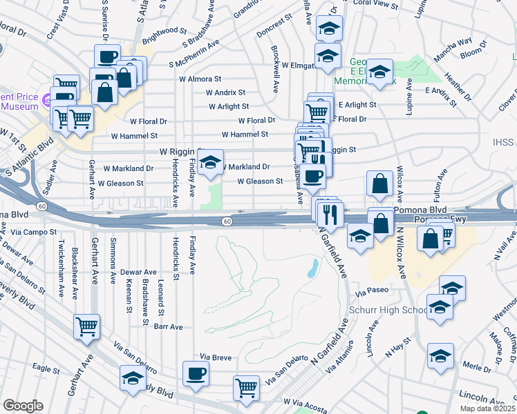 map of restaurants, bars, coffee shops, grocery stores, and more near 261W West Pomona Boulevard in Monterey Park