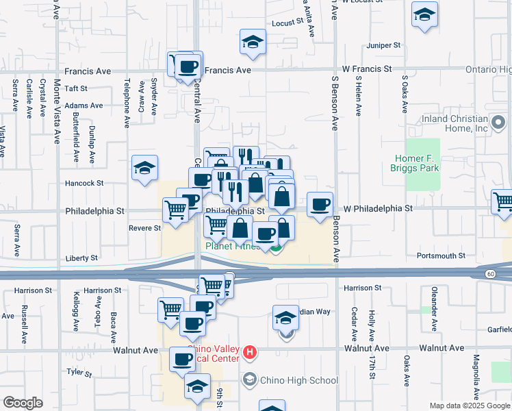 map of restaurants, bars, coffee shops, grocery stores, and more near 5480 Philadelphia St in Chino