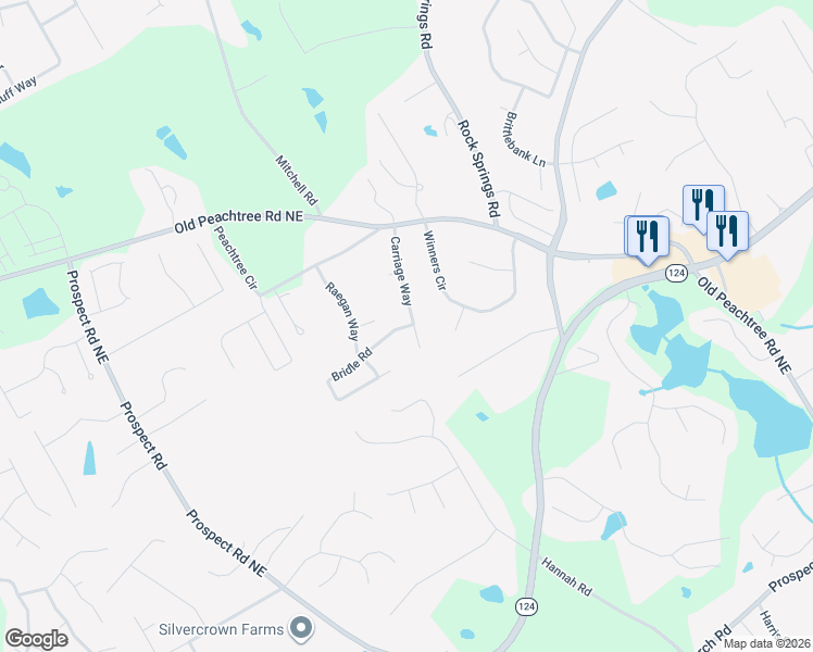 map of restaurants, bars, coffee shops, grocery stores, and more near 1708 Bridle Road in Lawrenceville