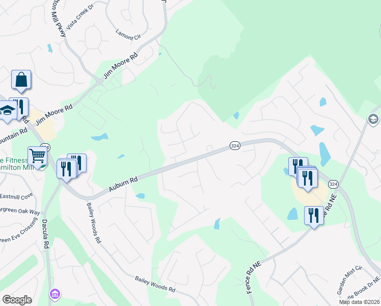 map of restaurants, bars, coffee shops, grocery stores, and more near 1015 Chippewa Oak Drive Northeast in Dacula