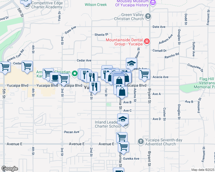 map of restaurants, bars, coffee shops, grocery stores, and more near in Yucaipa